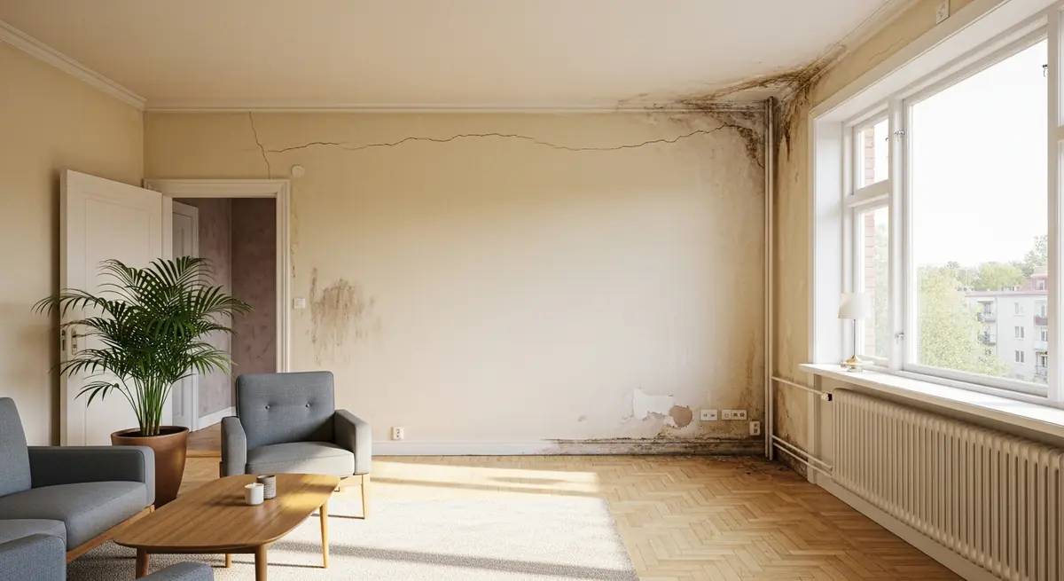 Worn living room walls before painting in Aalborg