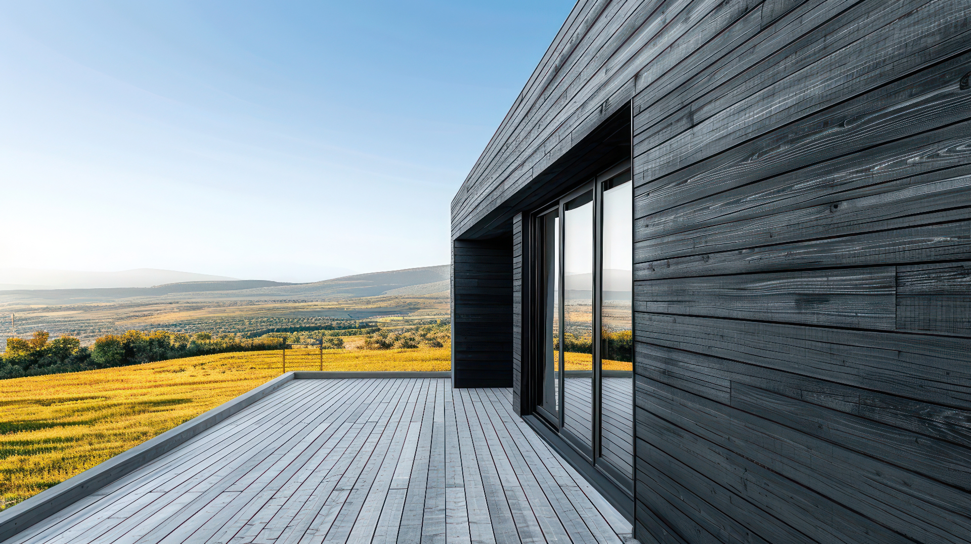 Modern dark timber facade with panoramic terrace view
